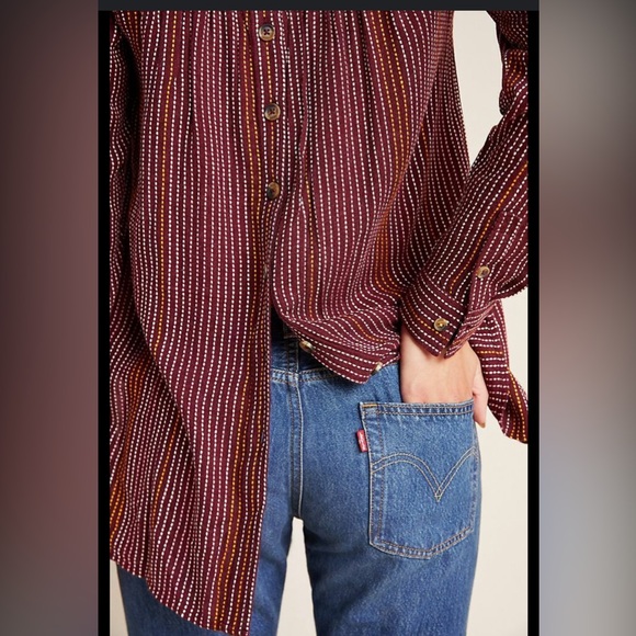 ANTHROPOLOGIE Isadora Wool Blend Stripe Red Button Back Tunic Shirt Size XS - Picture 3 of 11